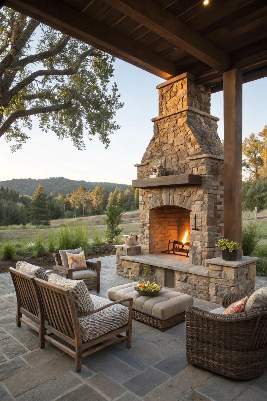 Embrace timeless charm with a rustic stone fireplace.