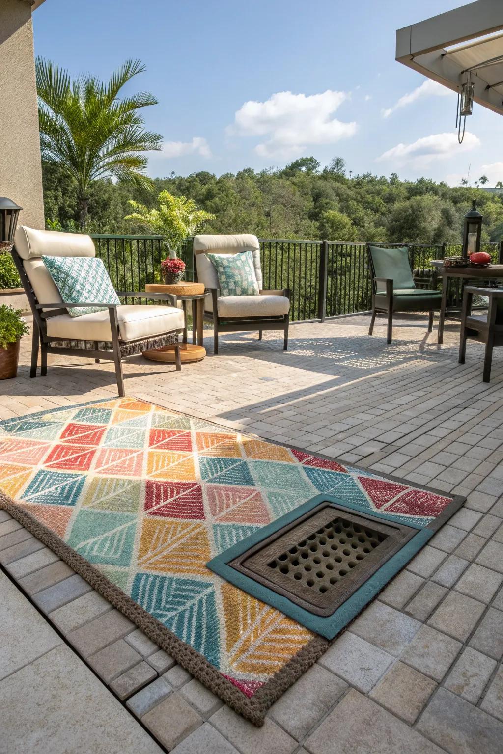 Outdoor rugs add style while concealing unsightly drain covers.