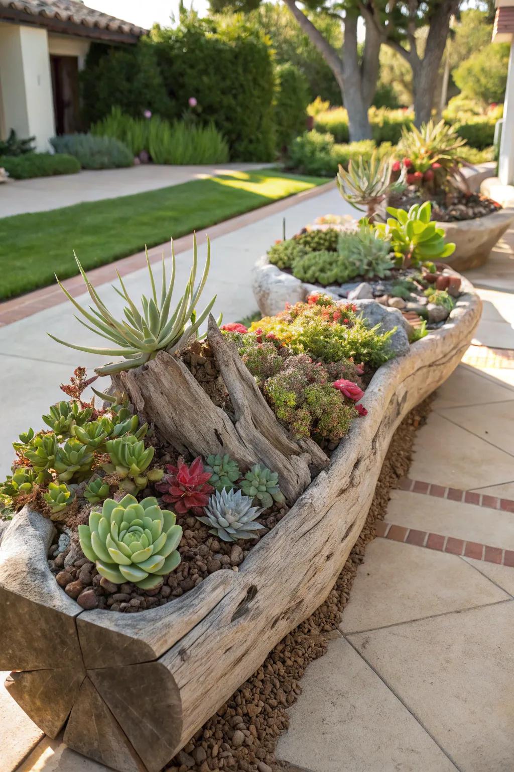 Innovative driftwood planters brimming with succulents.