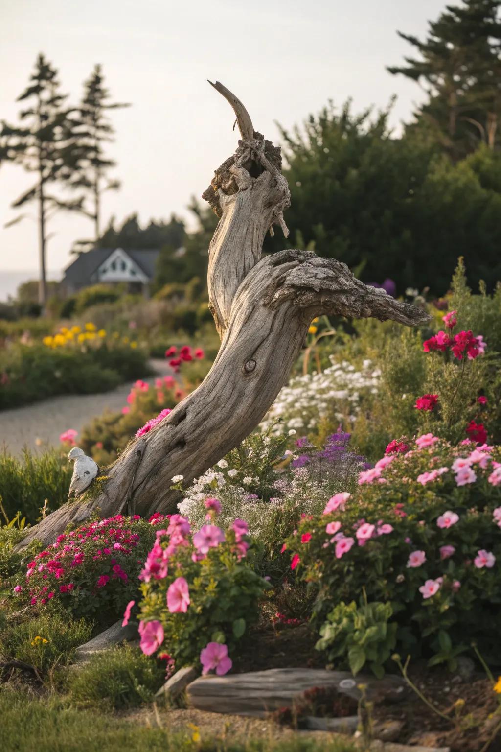 An eye-catching driftwood sculpture nestled among garden blooms.