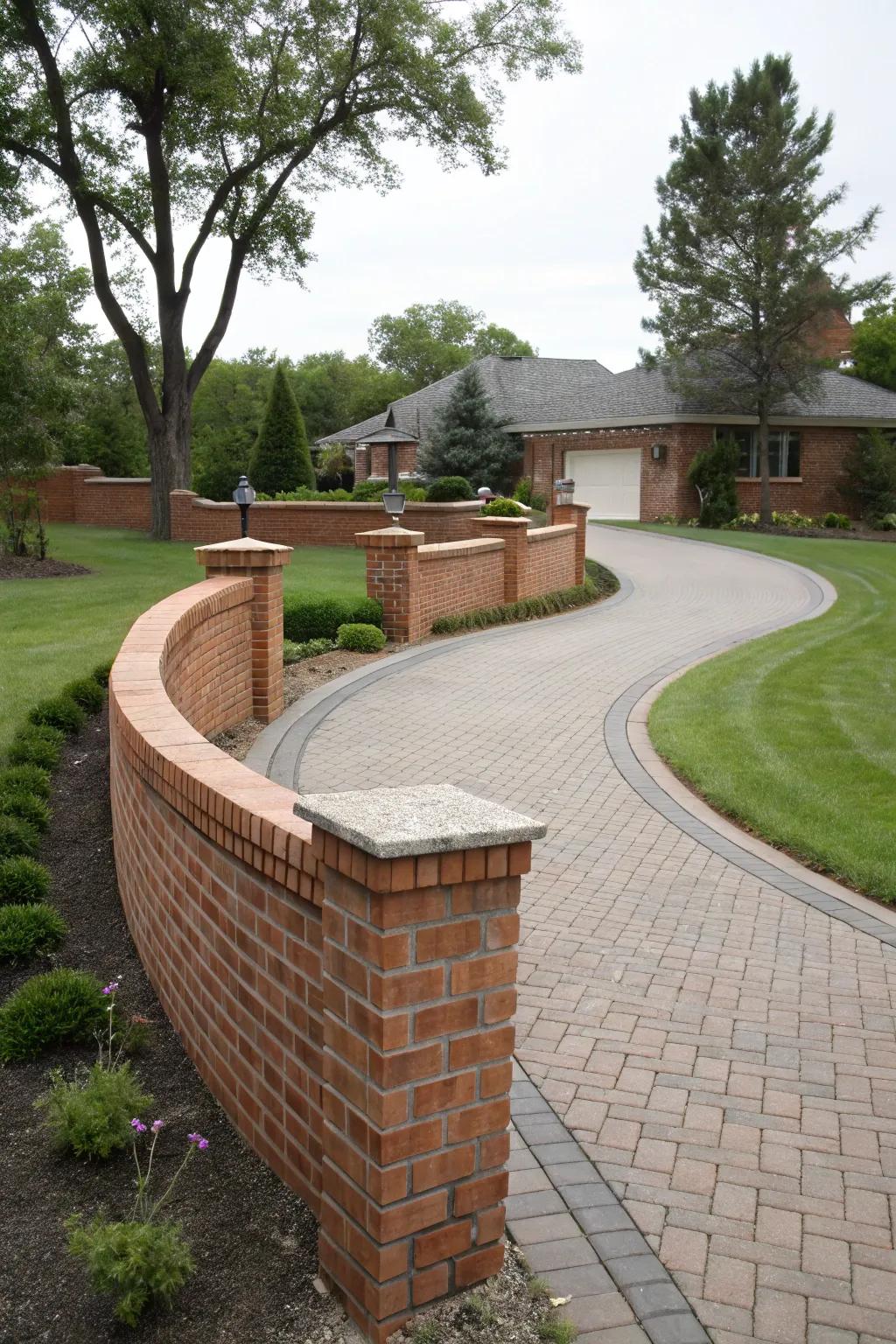 Curved brick walls create a gentle and inviting flow to this driveway.