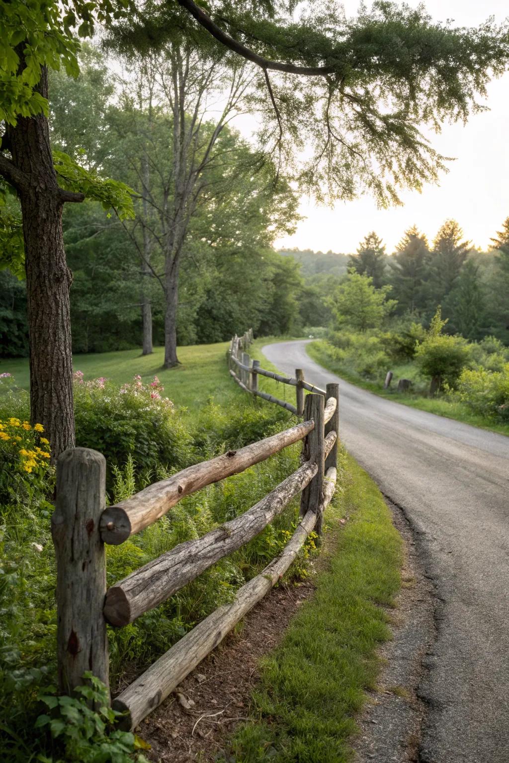 A rustic log fence merges naturally with lush surroundings.