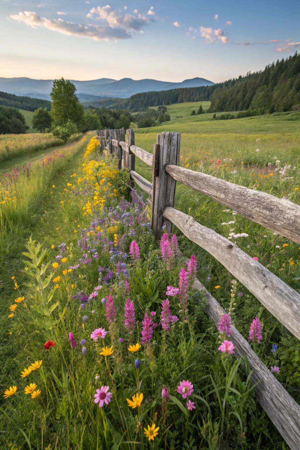 Vibrant wildflowers adding color to a split rail fence.