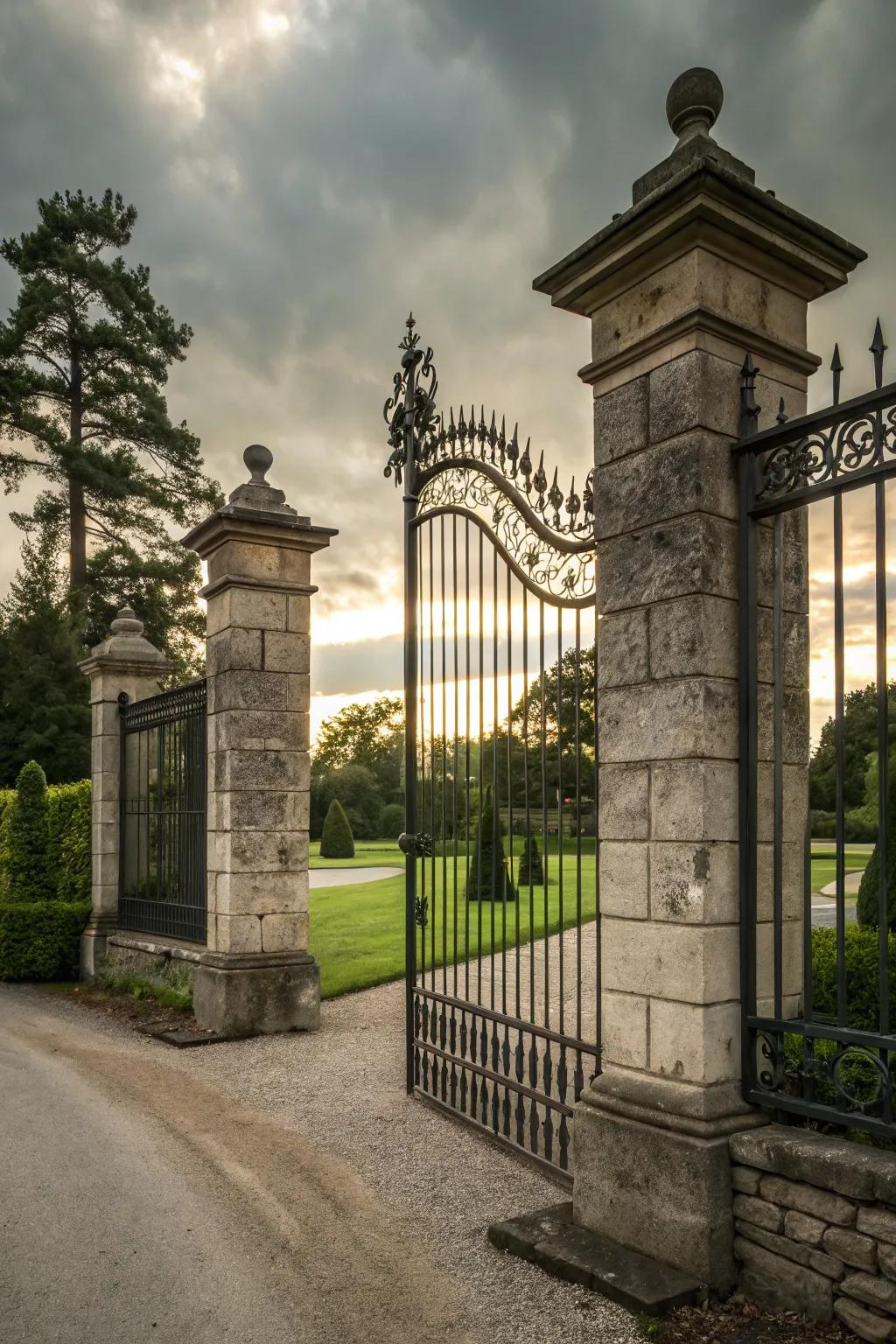 A classic wrought iron gate paired with sturdy stone pillars.