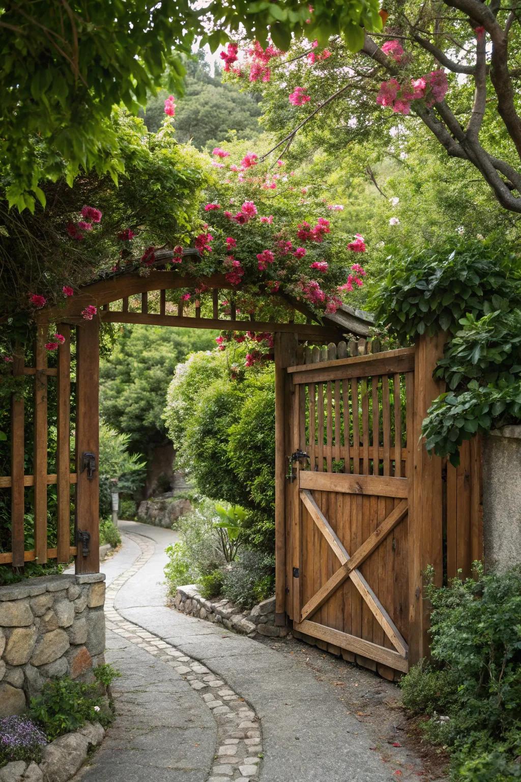 A wooden gate brings rustic charm and natural beauty to your home entrance.