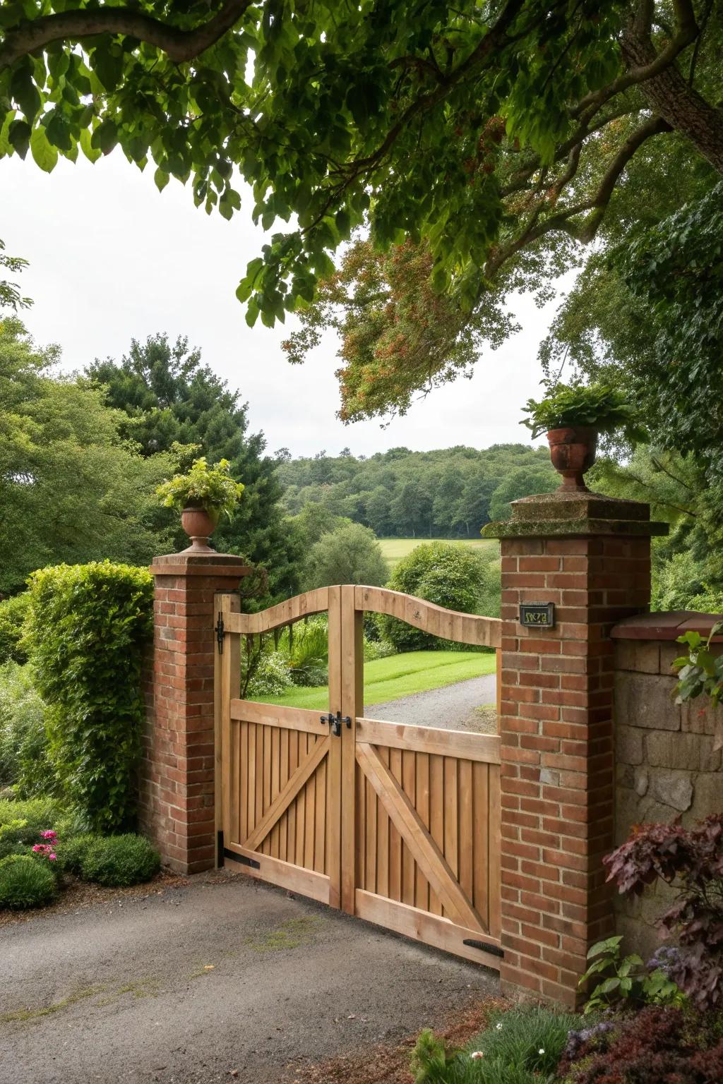 Warm wooden gate adds rustic charm to this entrance.