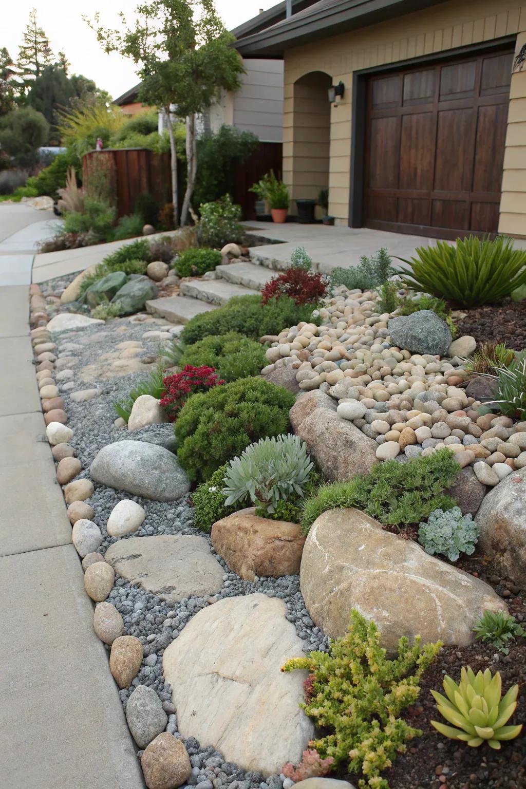 A serene rock garden brings a touch of zen to your driveway.