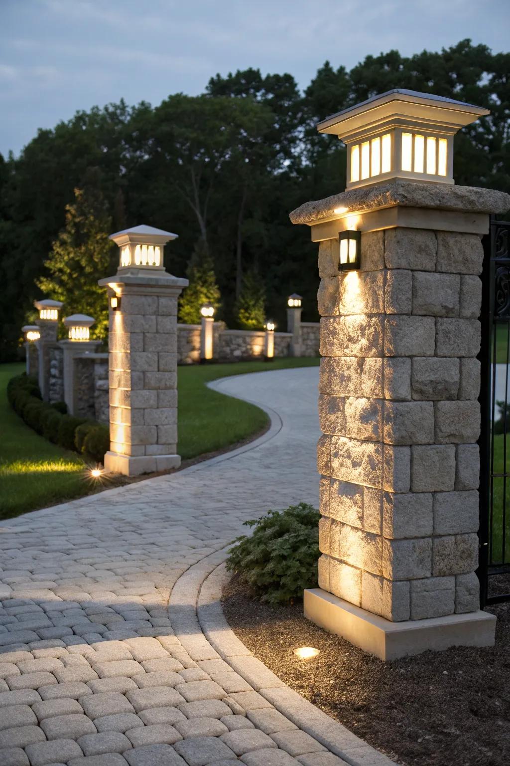 Driveway pillars with LED lighting create a warm and inviting glow.
