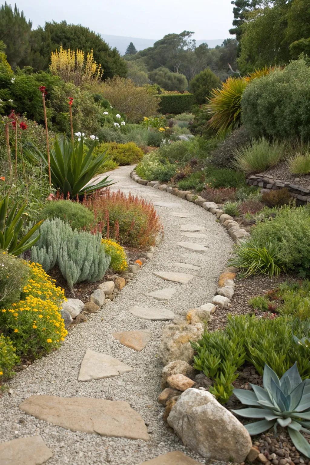 Stone and gravel pathways add rustic charm while conserving water.