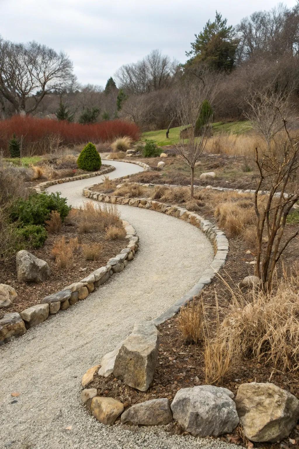 A gravel pathway beautifully integrated into a dry garden.