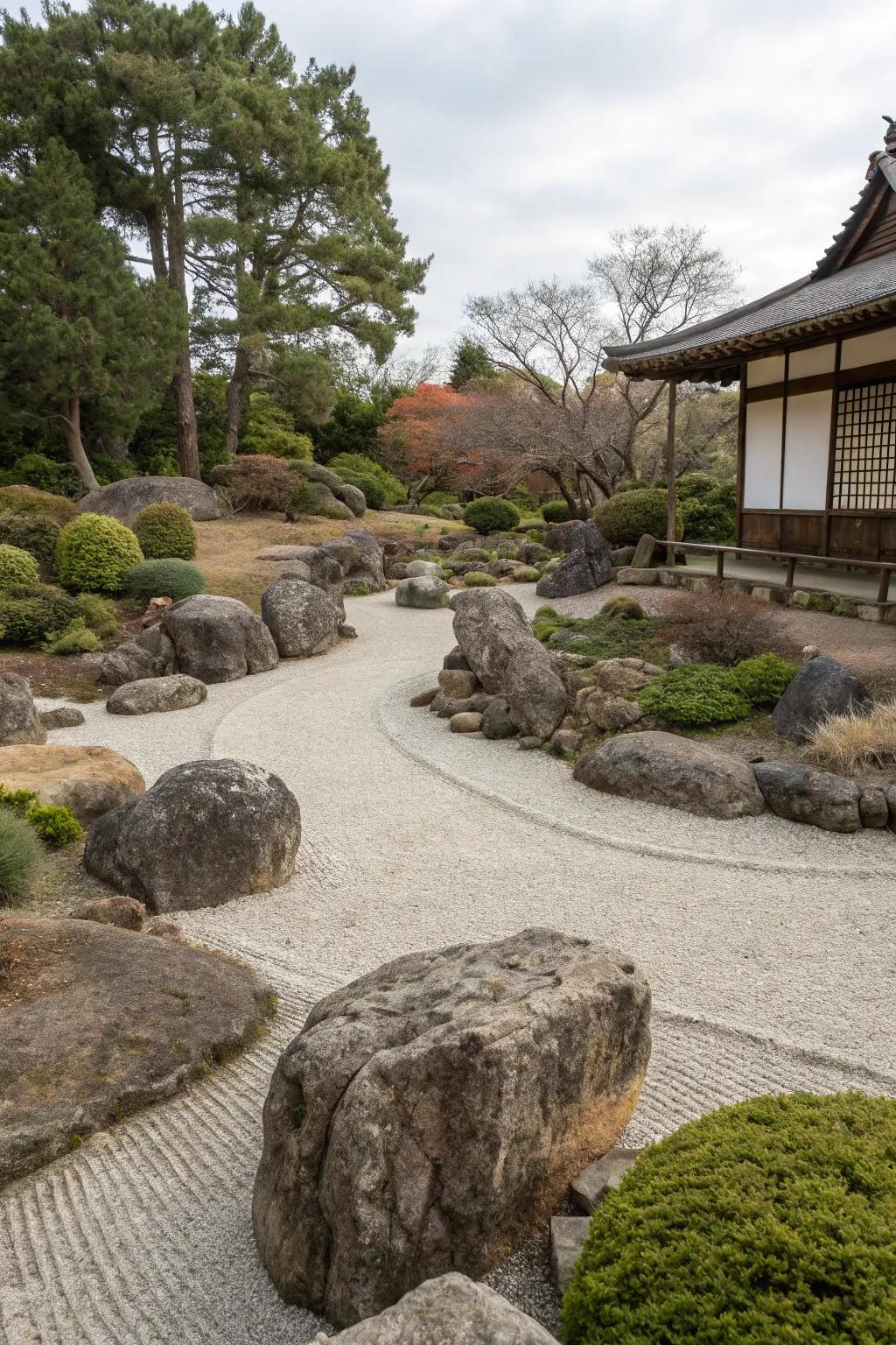 Rocks and gravel provide a textured, water-wise foundation for dry landscapes.