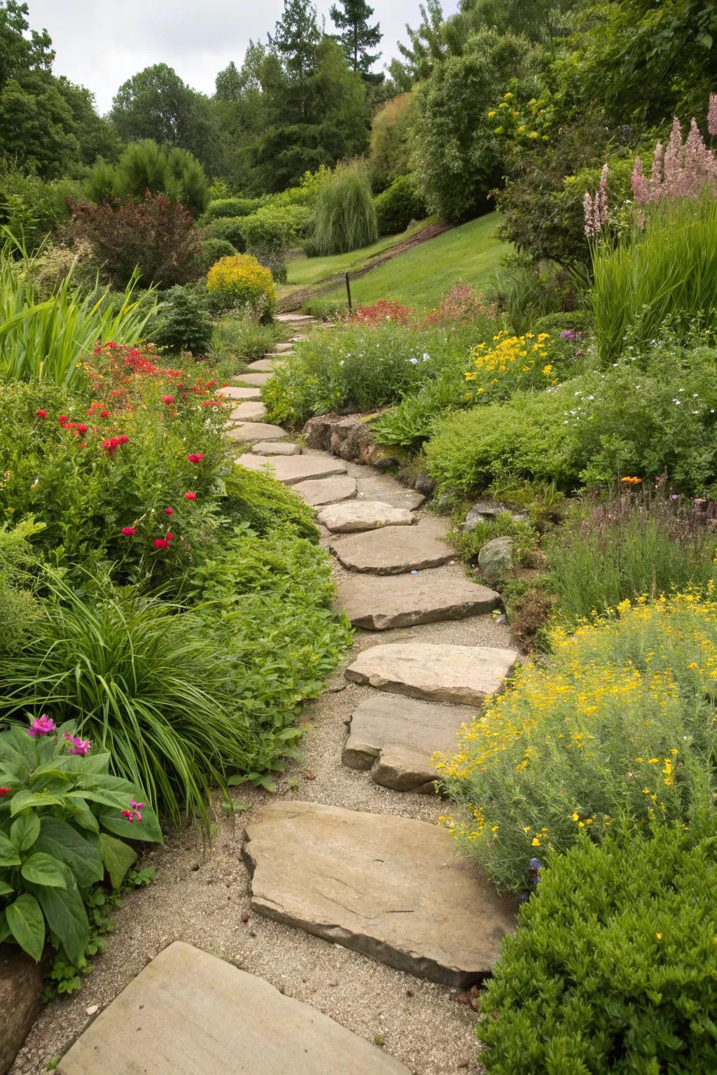 A dry river bed serves as a picturesque garden pathway.