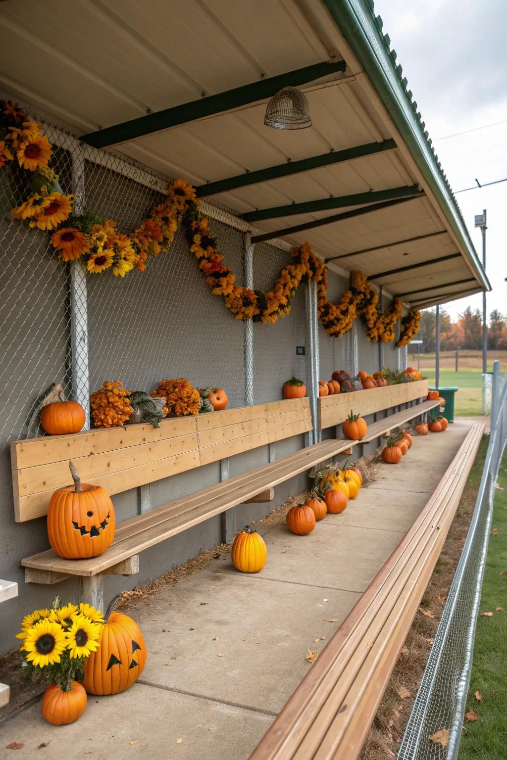 Embrace the season with festive fall decor in the dugout.