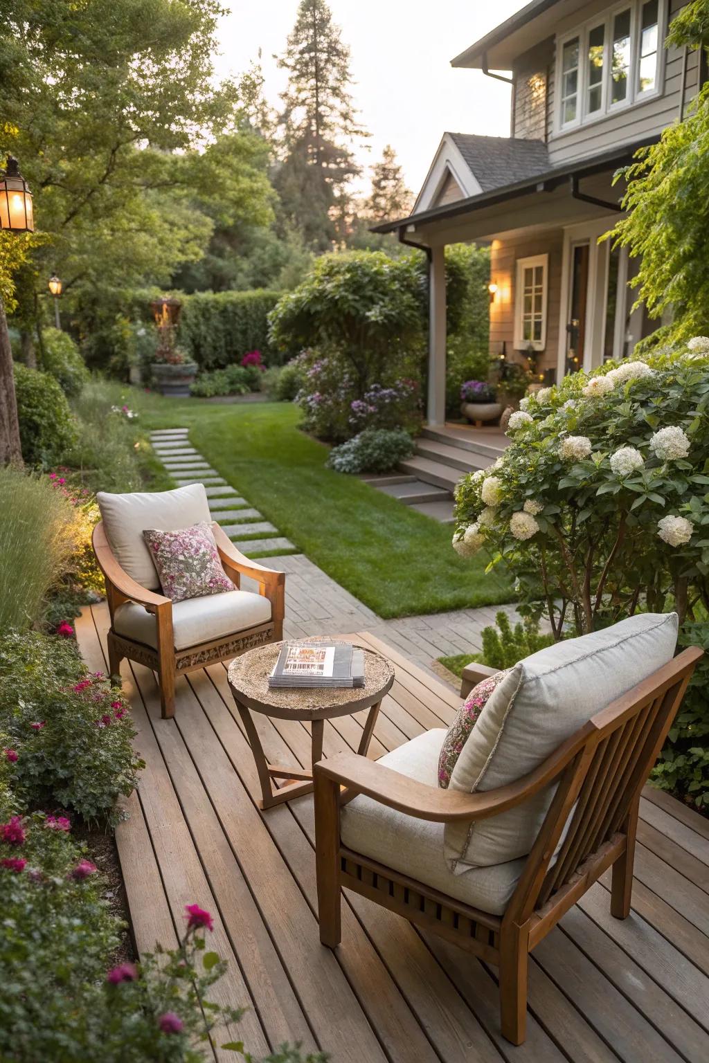 Create a relaxing oasis with a cozy outdoor seating area.