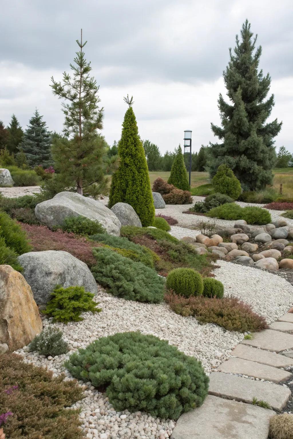 Dwarf Alberta spruce adding texture to a rock garden.