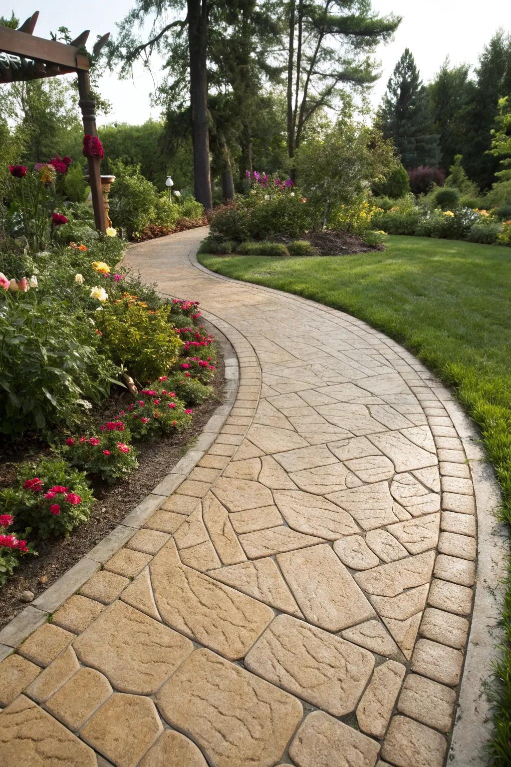 A quaint garden walkway featuring desert tan cobblestone pattern stamped concrete.