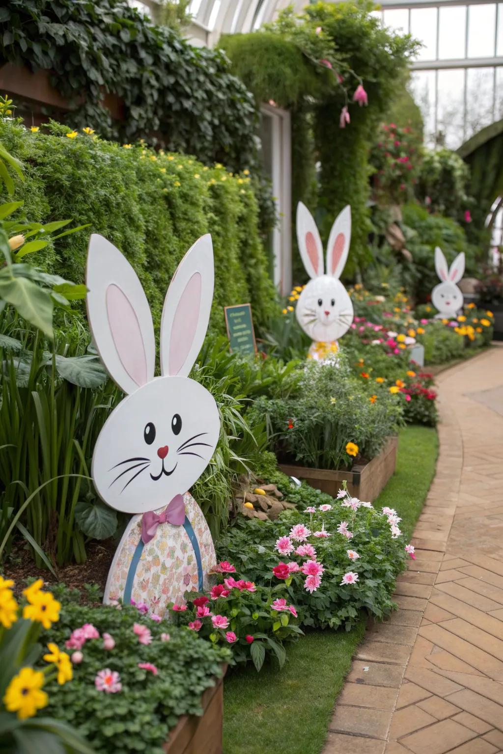 Create a playful atmosphere with charming bunny cutouts in your garden.
