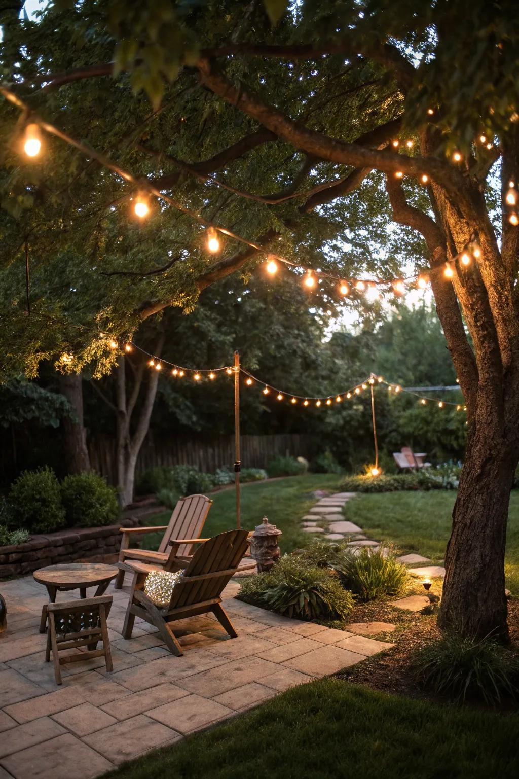 String lights transform a patio into a magical evening retreat.