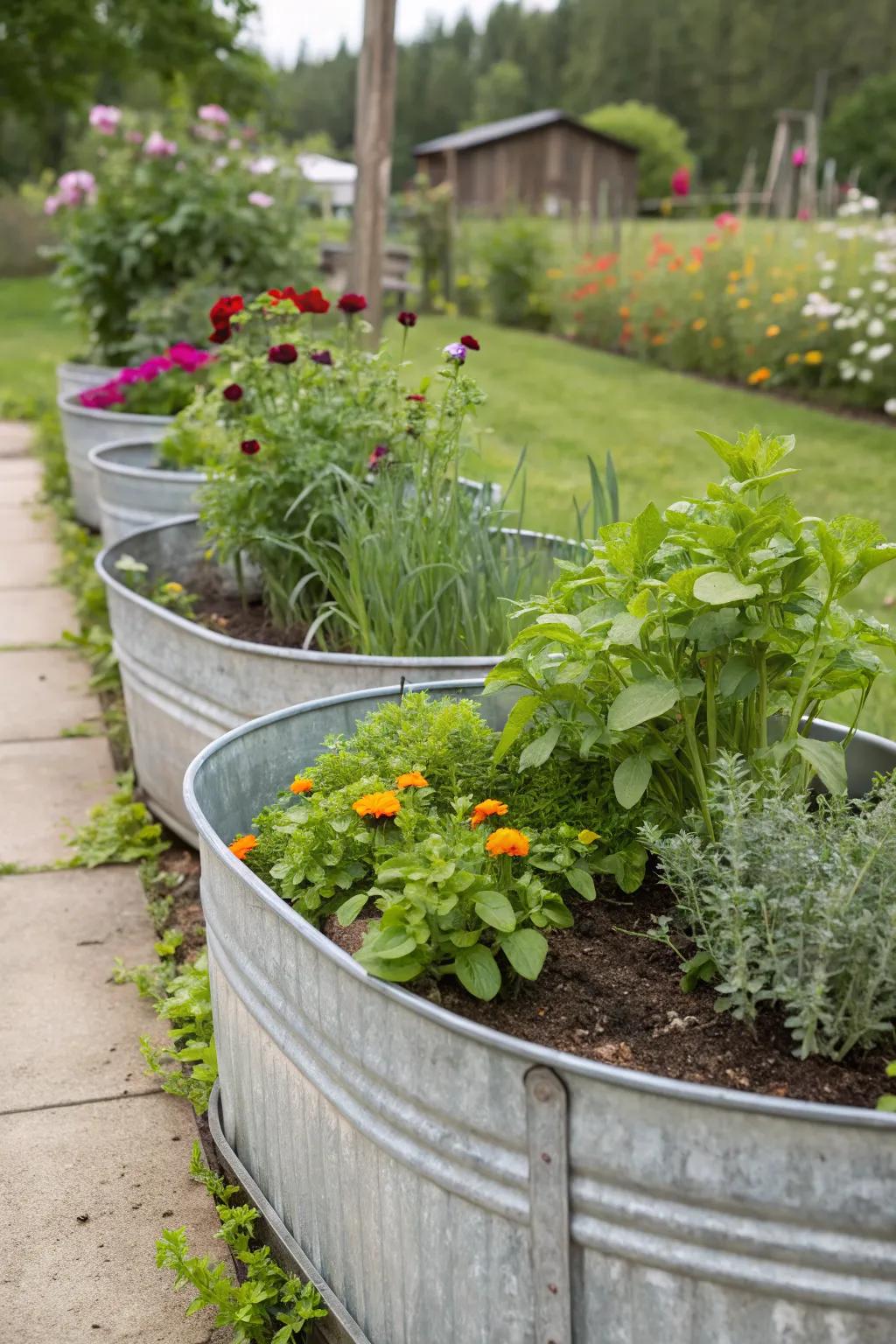 Galvanized tubs offer a rustic and durable option for your garden.