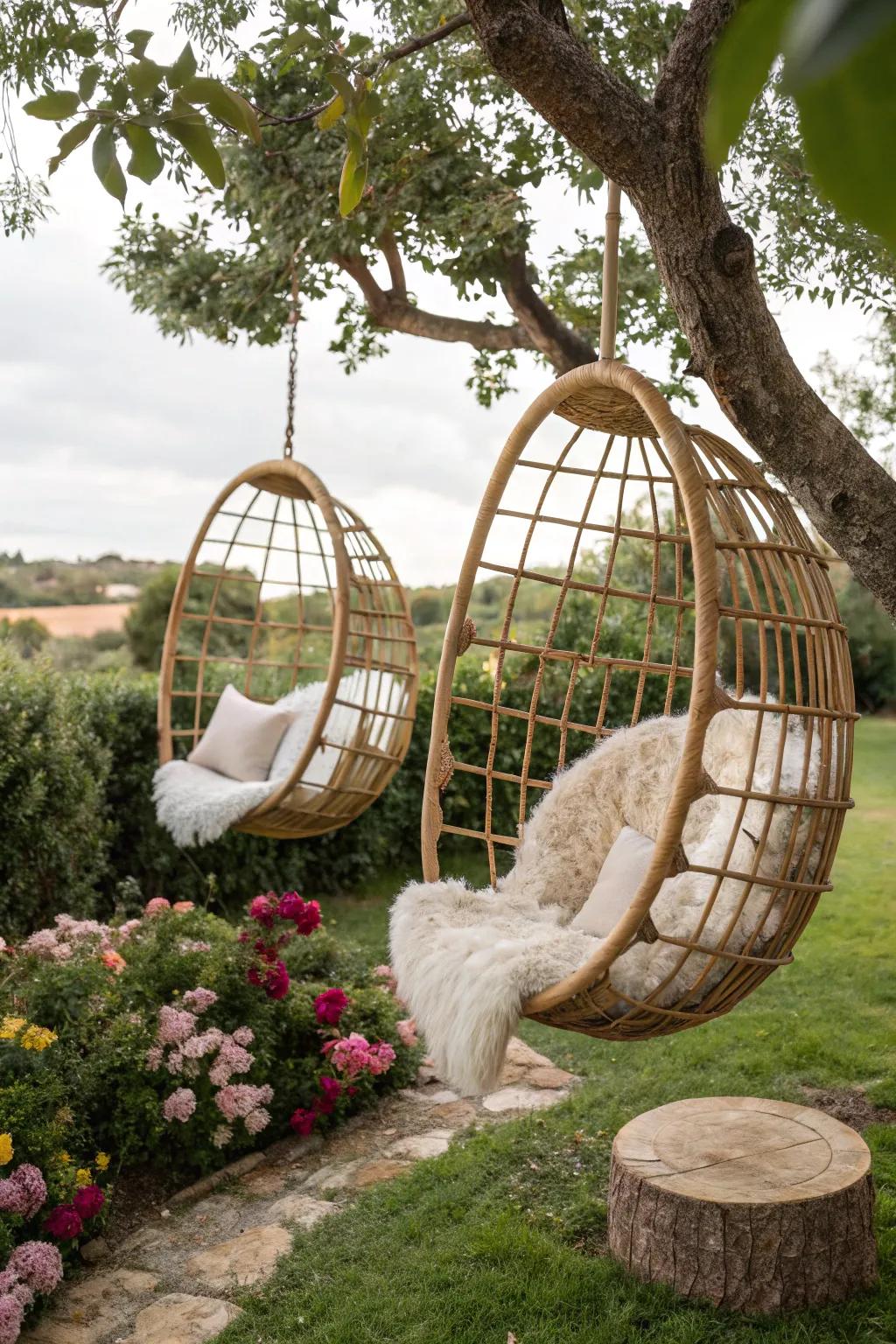 Hanging chairs offer a stylish and cozy retreat.