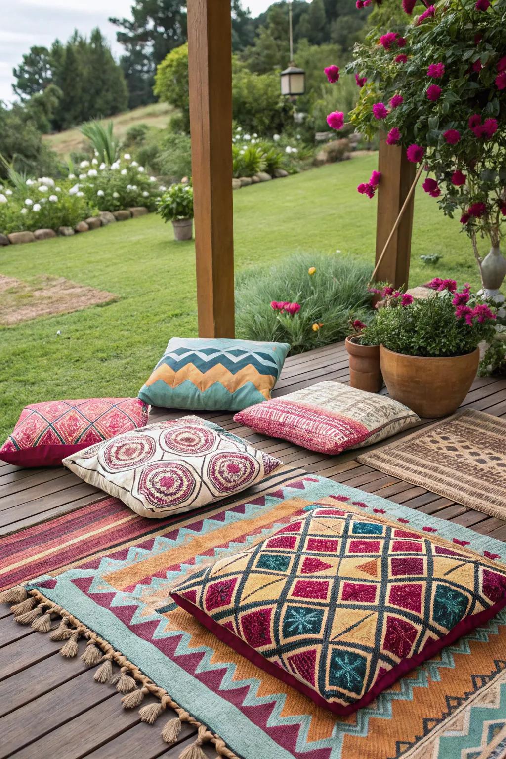 Vivid textiles add flair and warmth to this eclectic outdoor space.