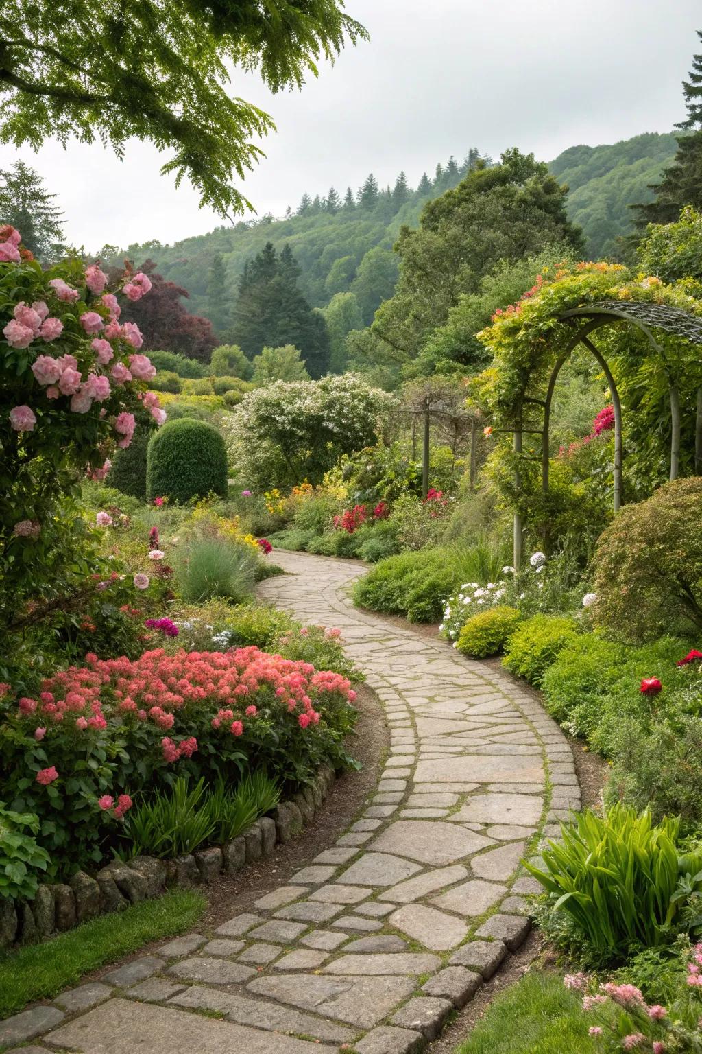 A charming garden pathway that invites exploration through lush surroundings.