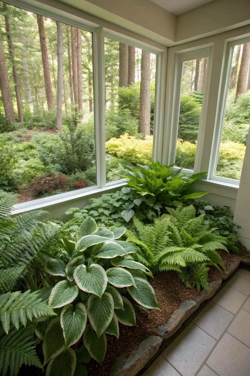 Planting beds soften the look of egress windows and blend them into the garden.