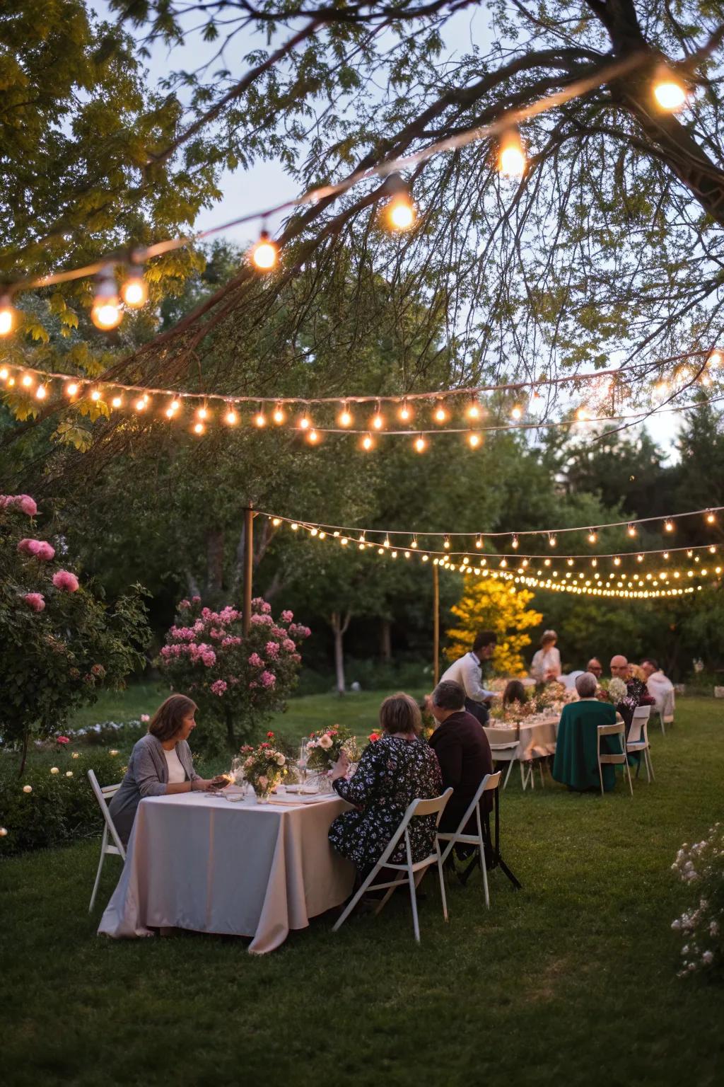 String lights cast a warm, inviting glow over the garden party.