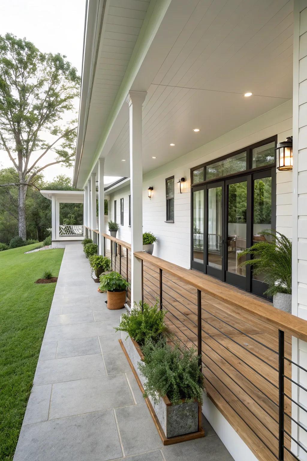 Modern aesthetics with clean lines create a serene porch setting.