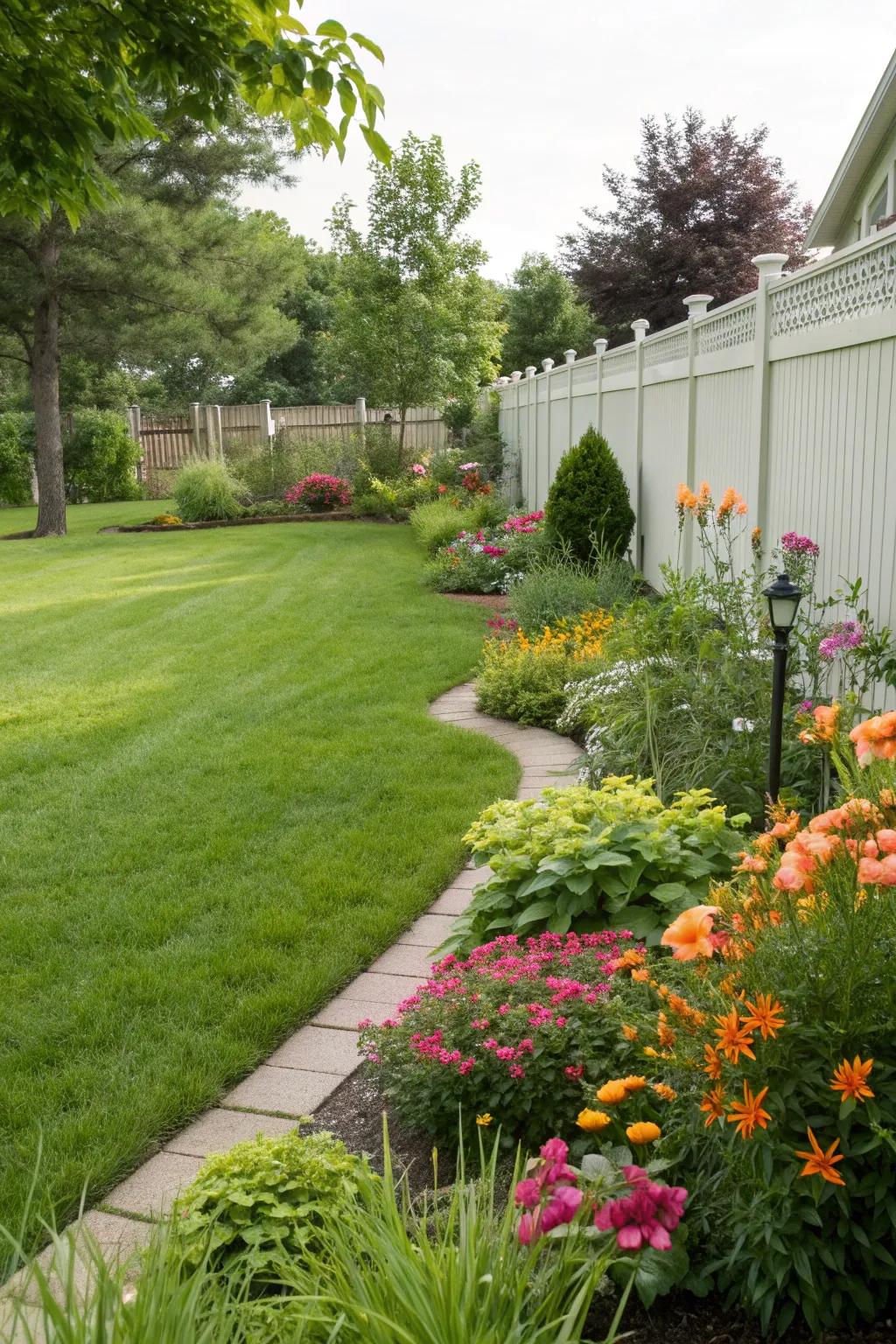 A vibrant green space in the backyard, full of colorful flowers and well-kept grass.