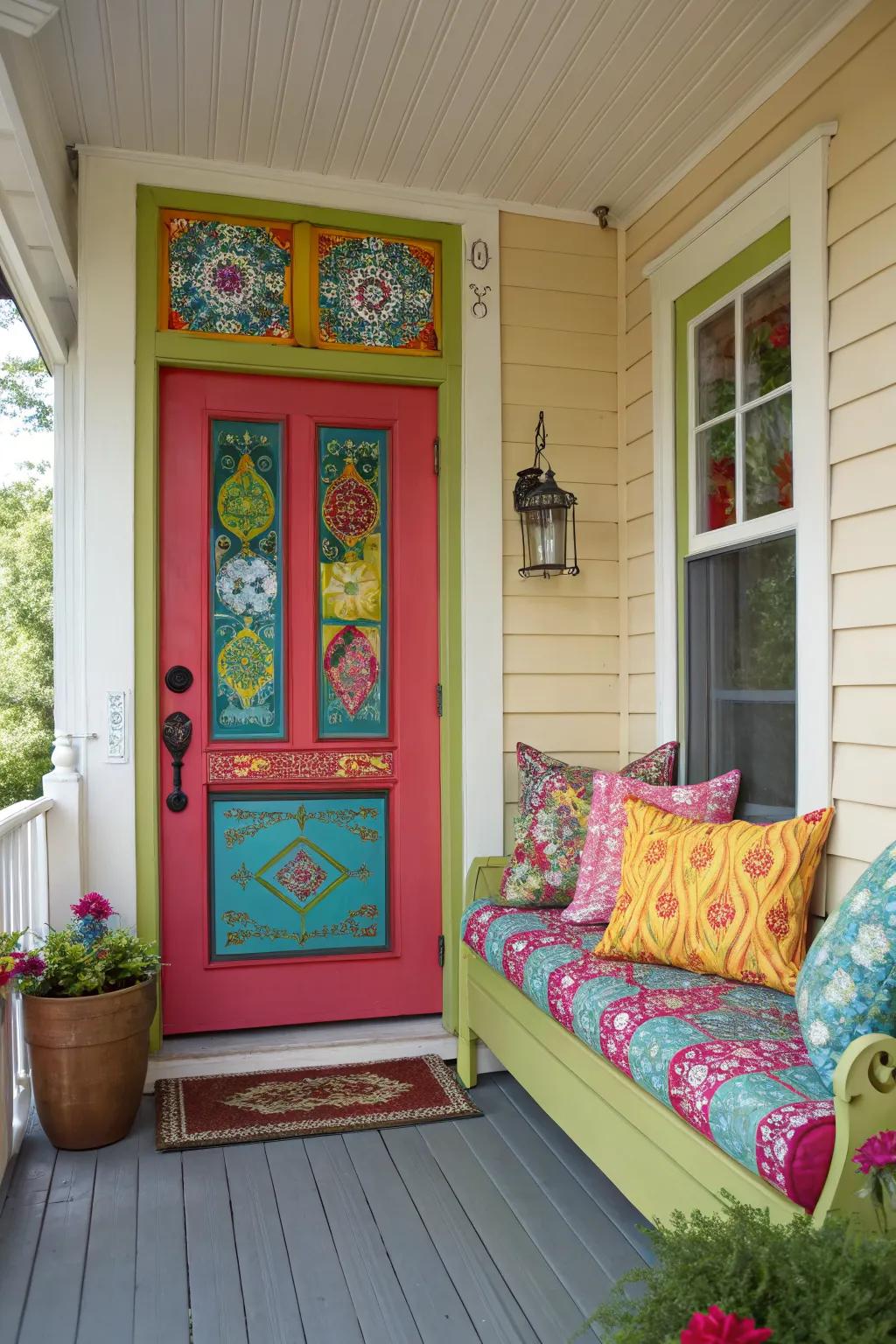 A vibrant painted front door and colorful cushions add personality to a small enclosed porch.