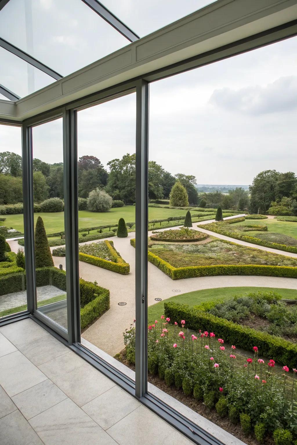 Enjoy your garden views from a modern glass-enclosed gazebo.