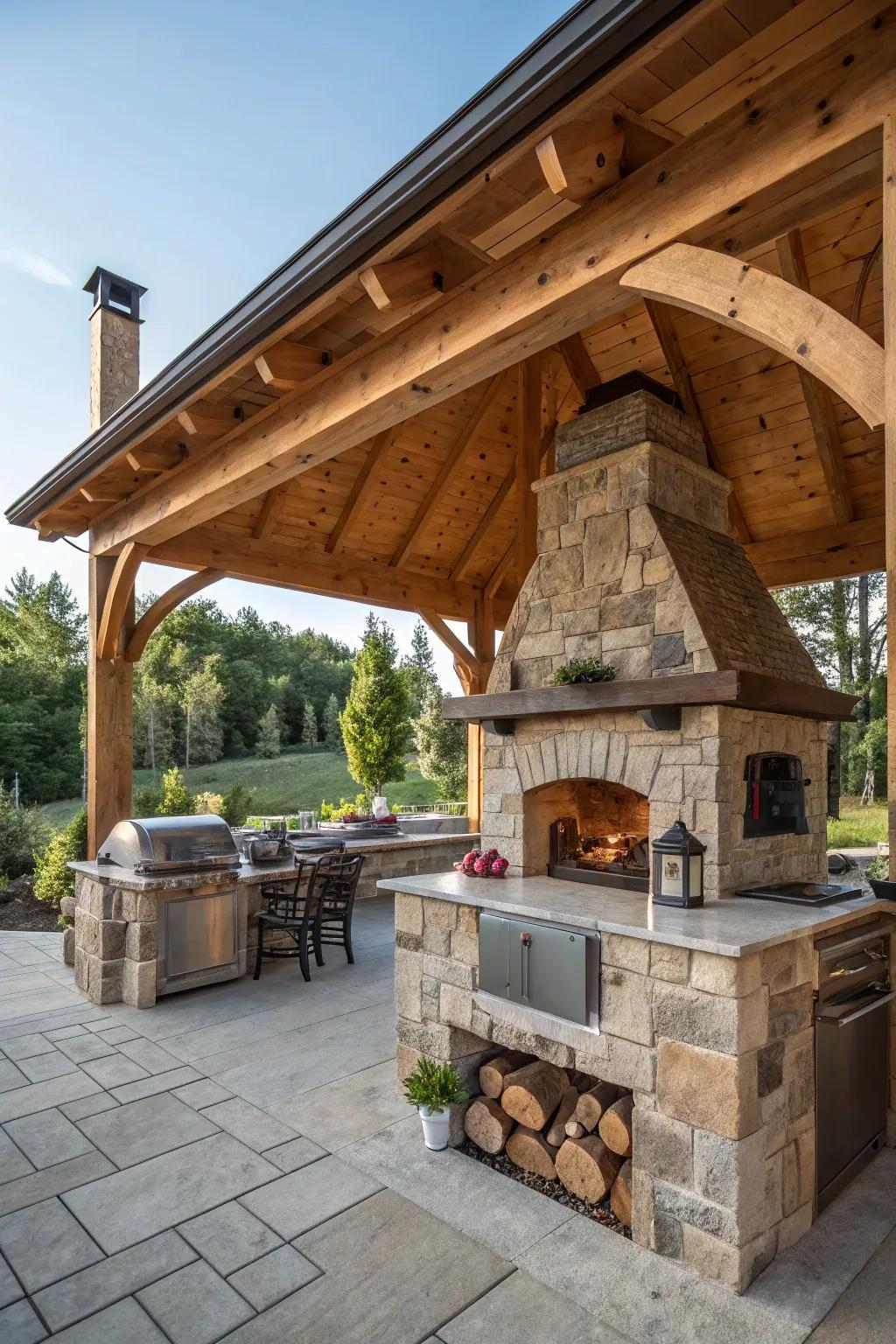 A rustic pavilion outdoor kitchen, perfect for year-round use.