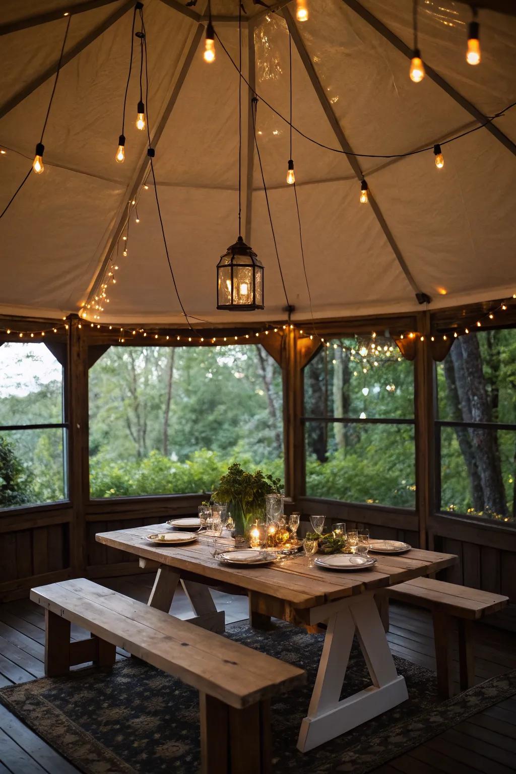 A charming enclosed pavilion set for dining with family and friends.