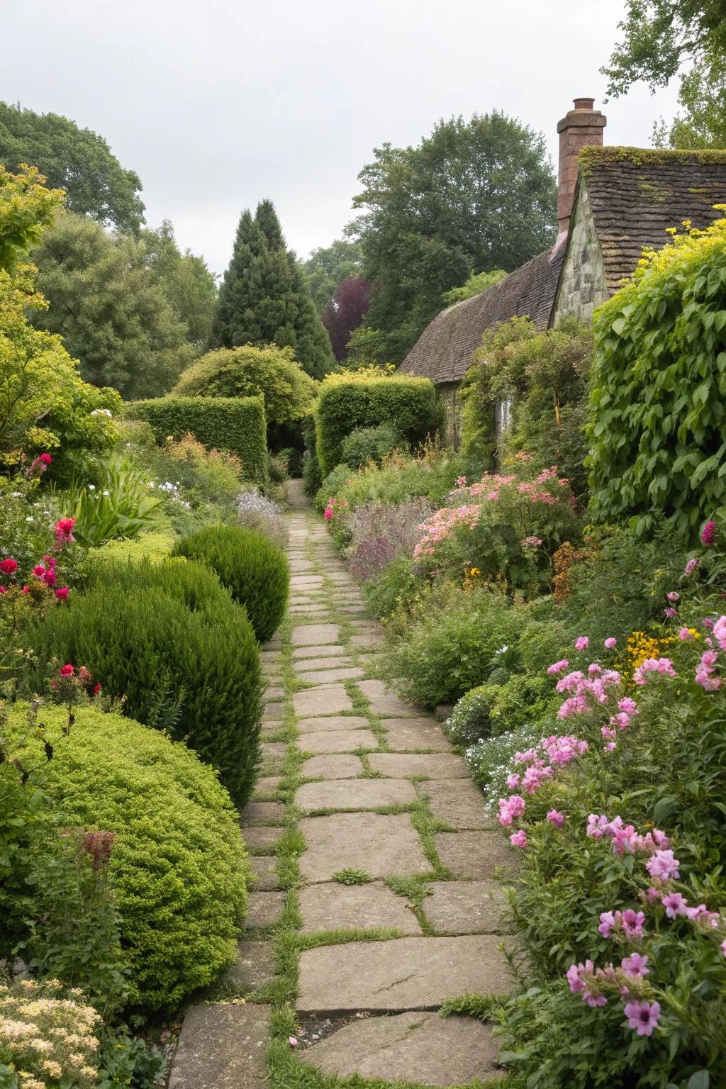 A winding stone path beckons you to explore the garden's hidden delights.