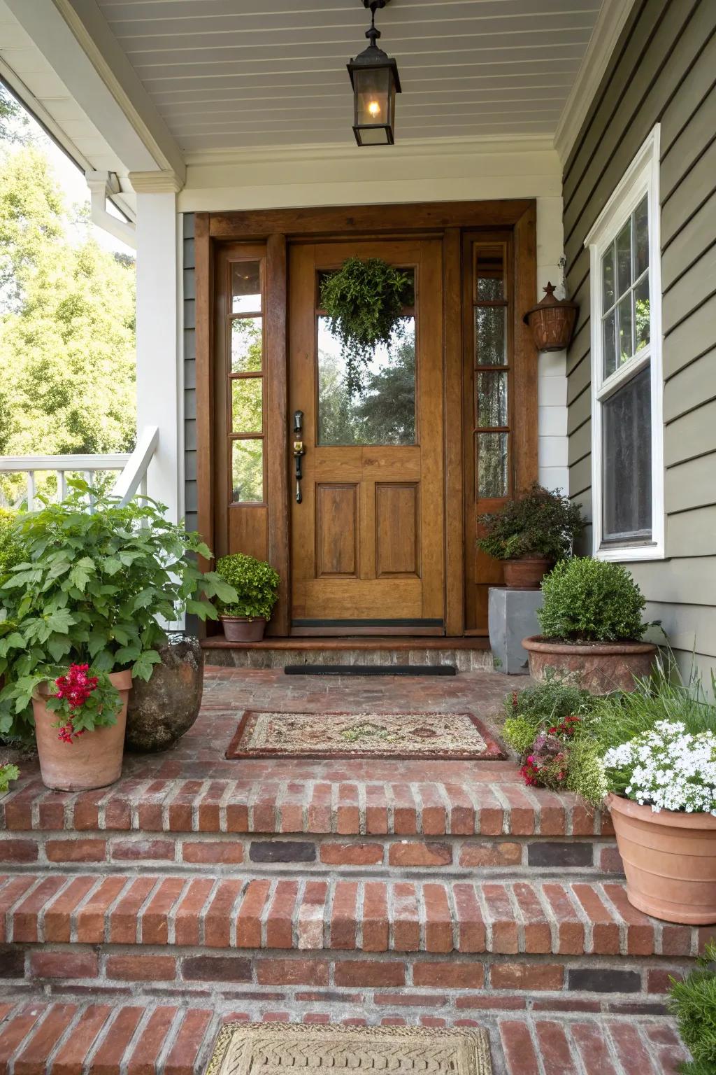 Elegant brick steps provide a grand entrance.
