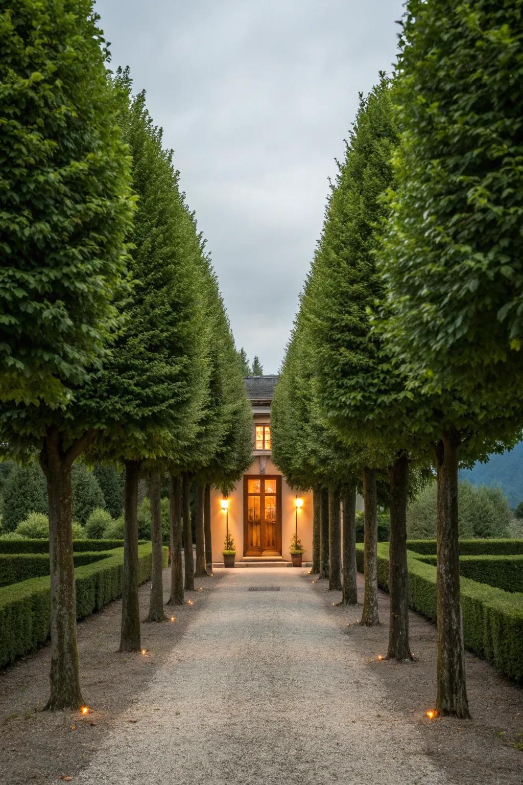 Symmetrical trees bring harmony and structure to your entryway.