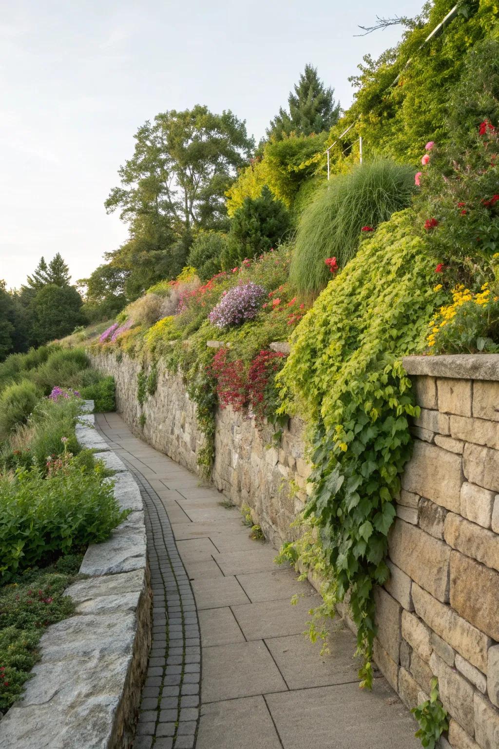 A picturesque garden slope with a sturdy stone retaining wall.