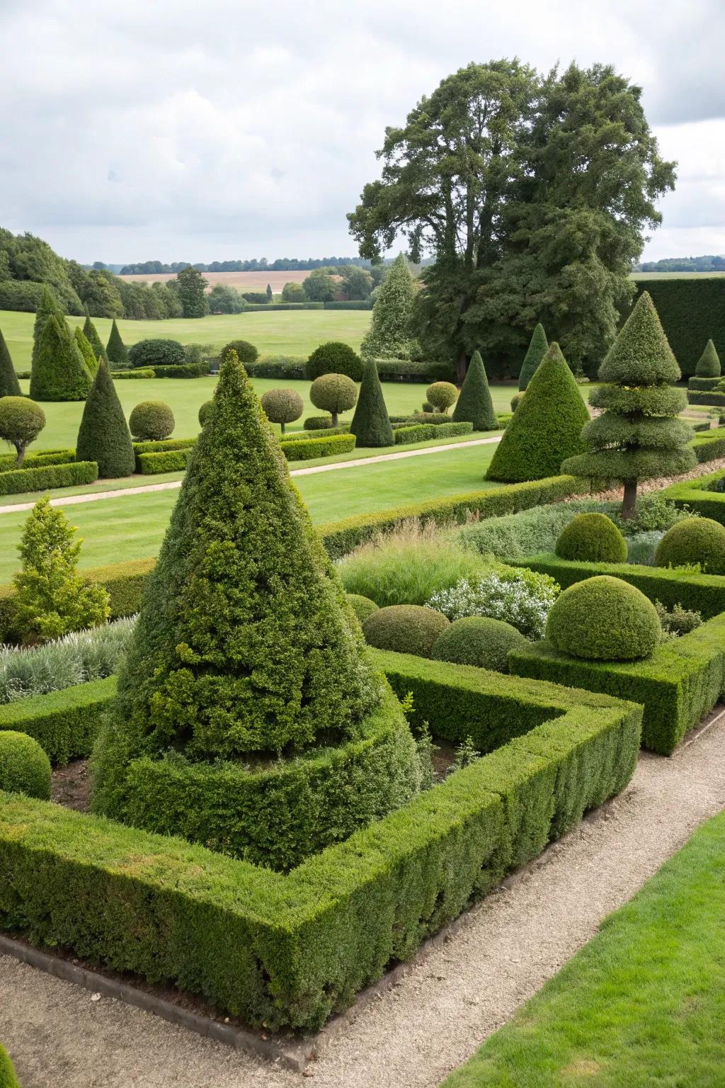 A formal garden featuring topiary art and meticulously trimmed hedges.
