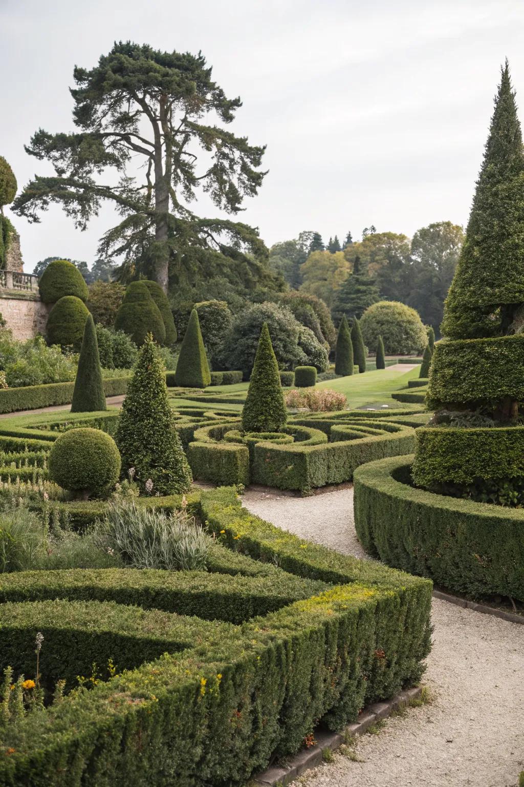 Intricately trimmed hedges creating patterns in the garden.