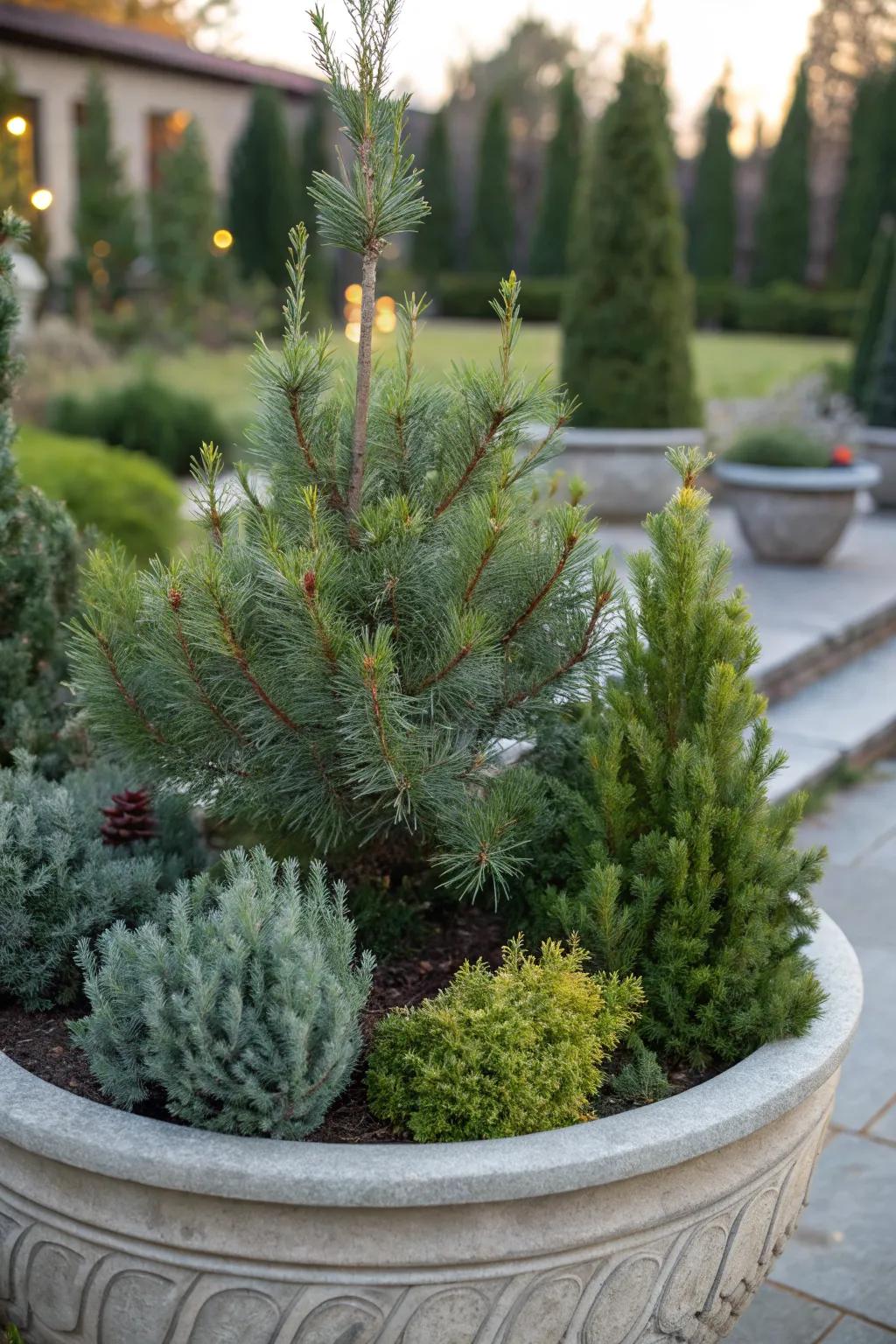 A harmonious blend of conifer textures for visual interest.