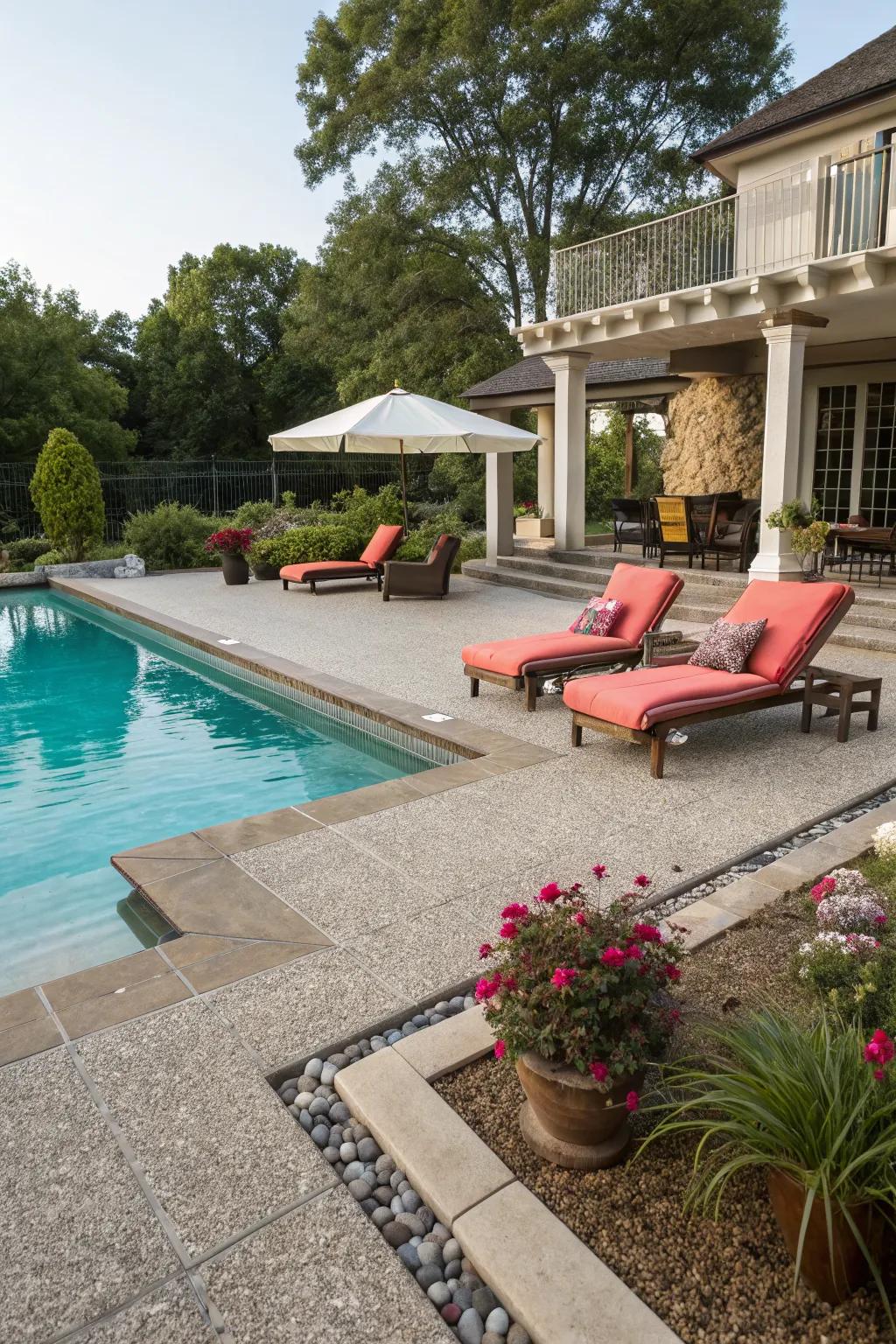 A poolside escape with a stylish aggregate patio.