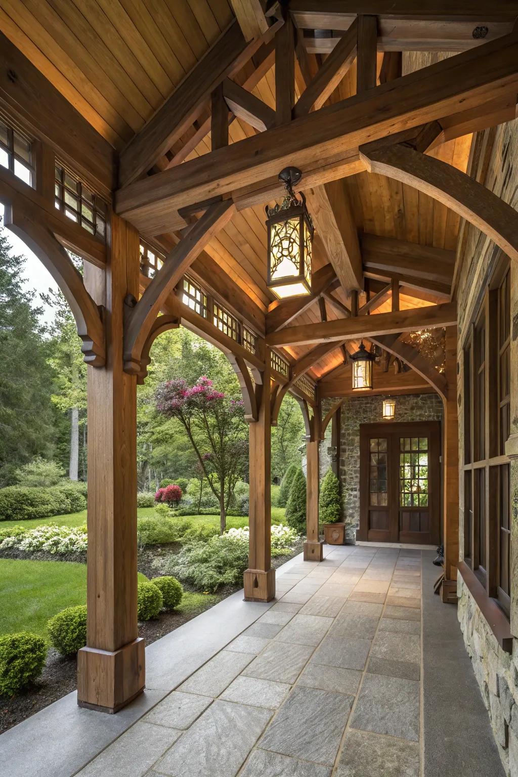 Architectural elegance with heavy timber framing on a front porch.