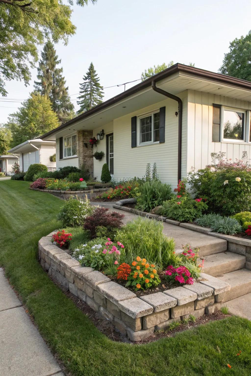 Lush, layered landscaping adds depth and dimension to a flat front house.