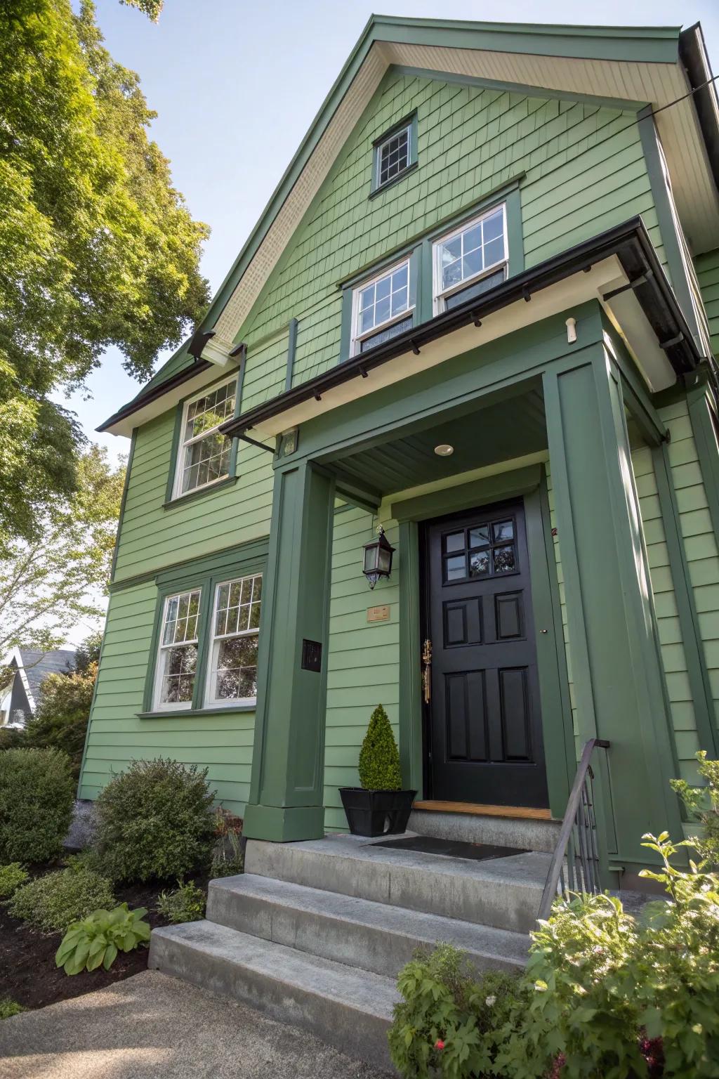 Rich charcoal adds elegance to a sage green exterior.