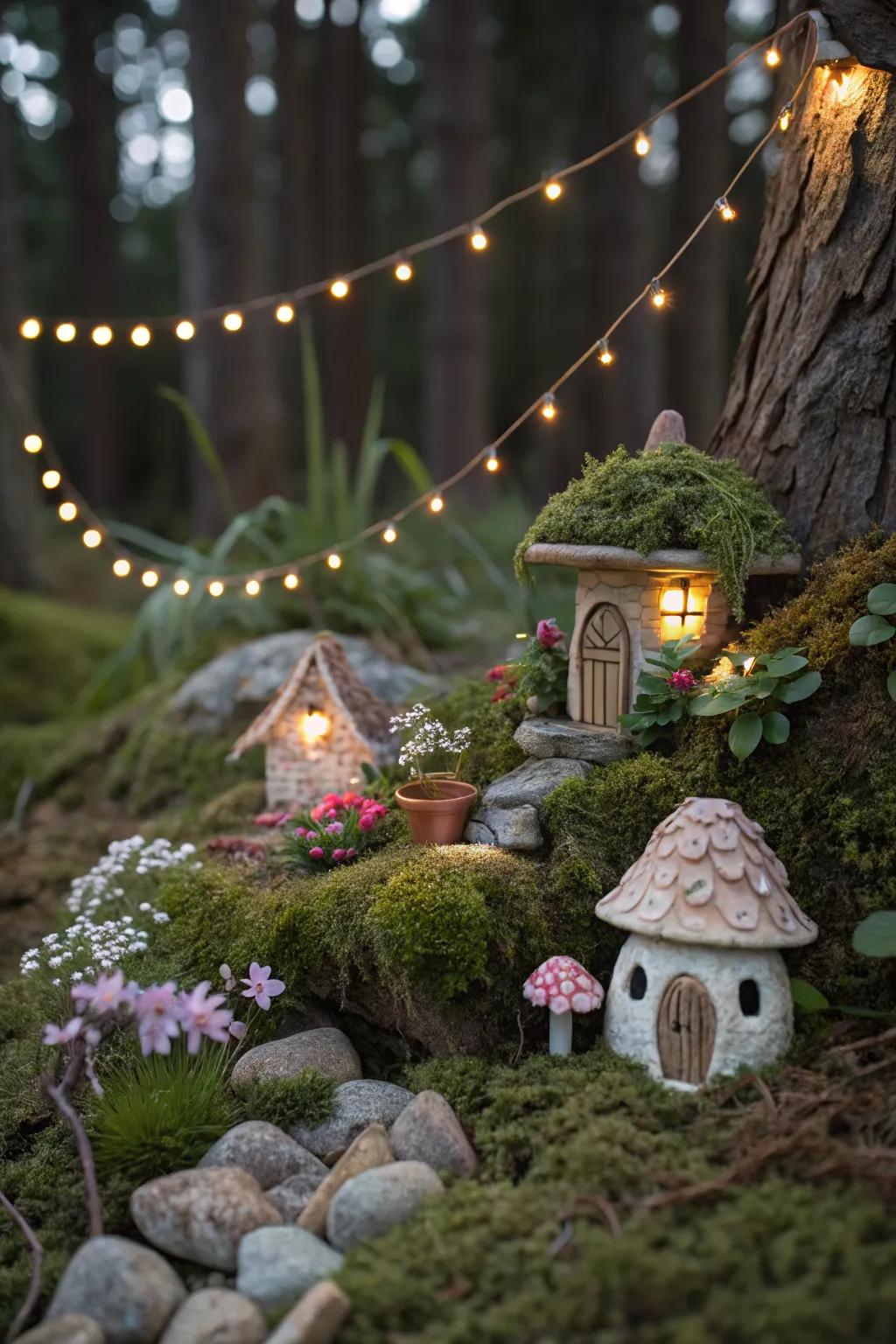 A fairy garden aglow with enchanting string lights, casting a magical ambiance.