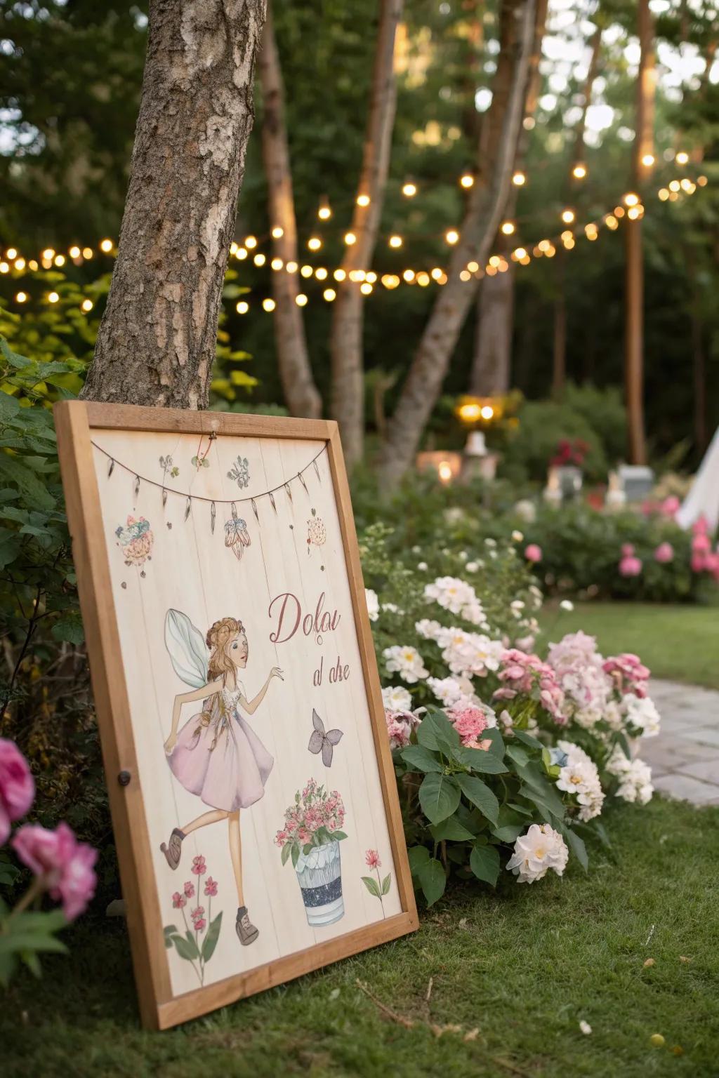 A personalized wooden sign with a fairy-themed design welcoming visitors.