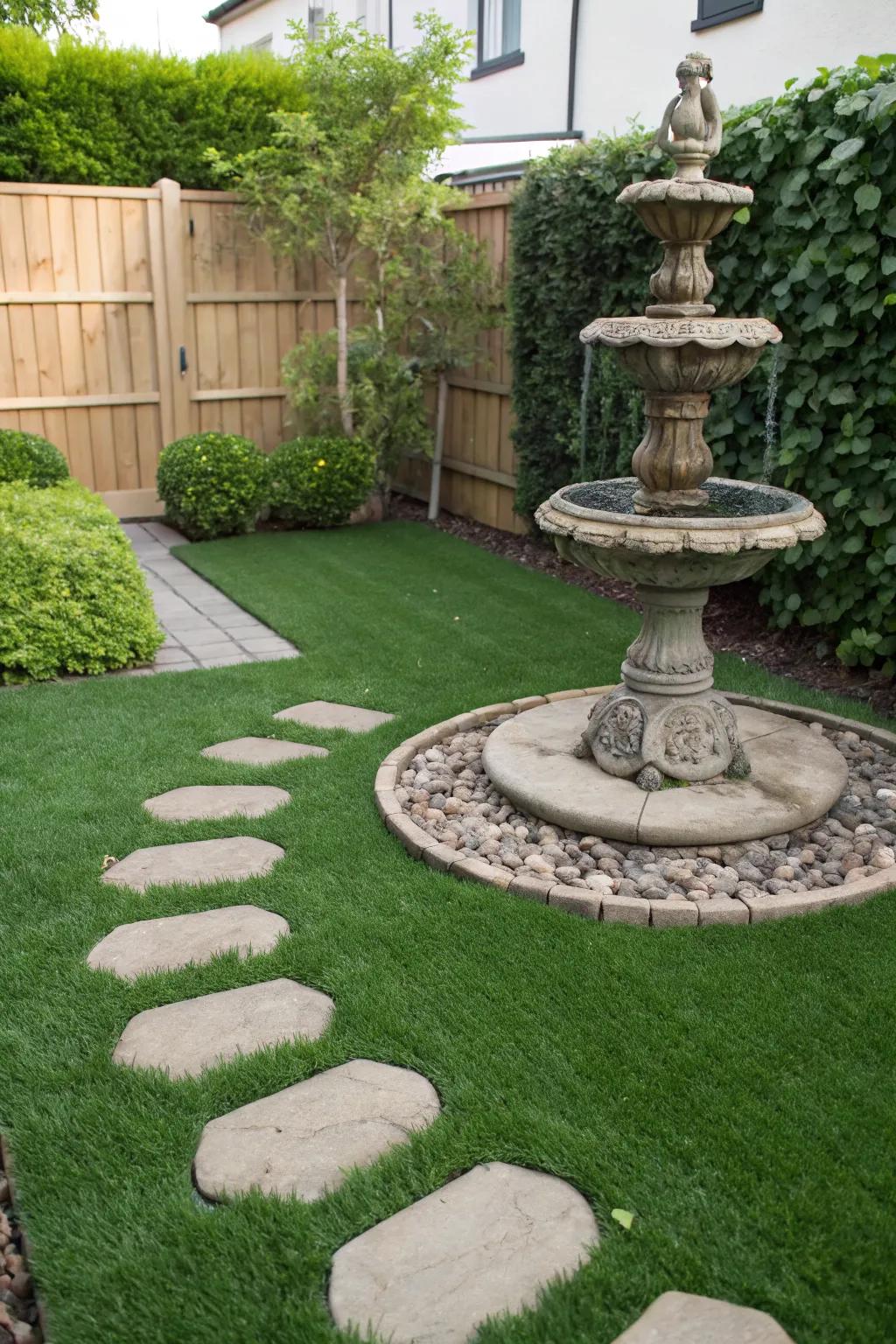 A charming pathway with stepping stones on artificial grass.