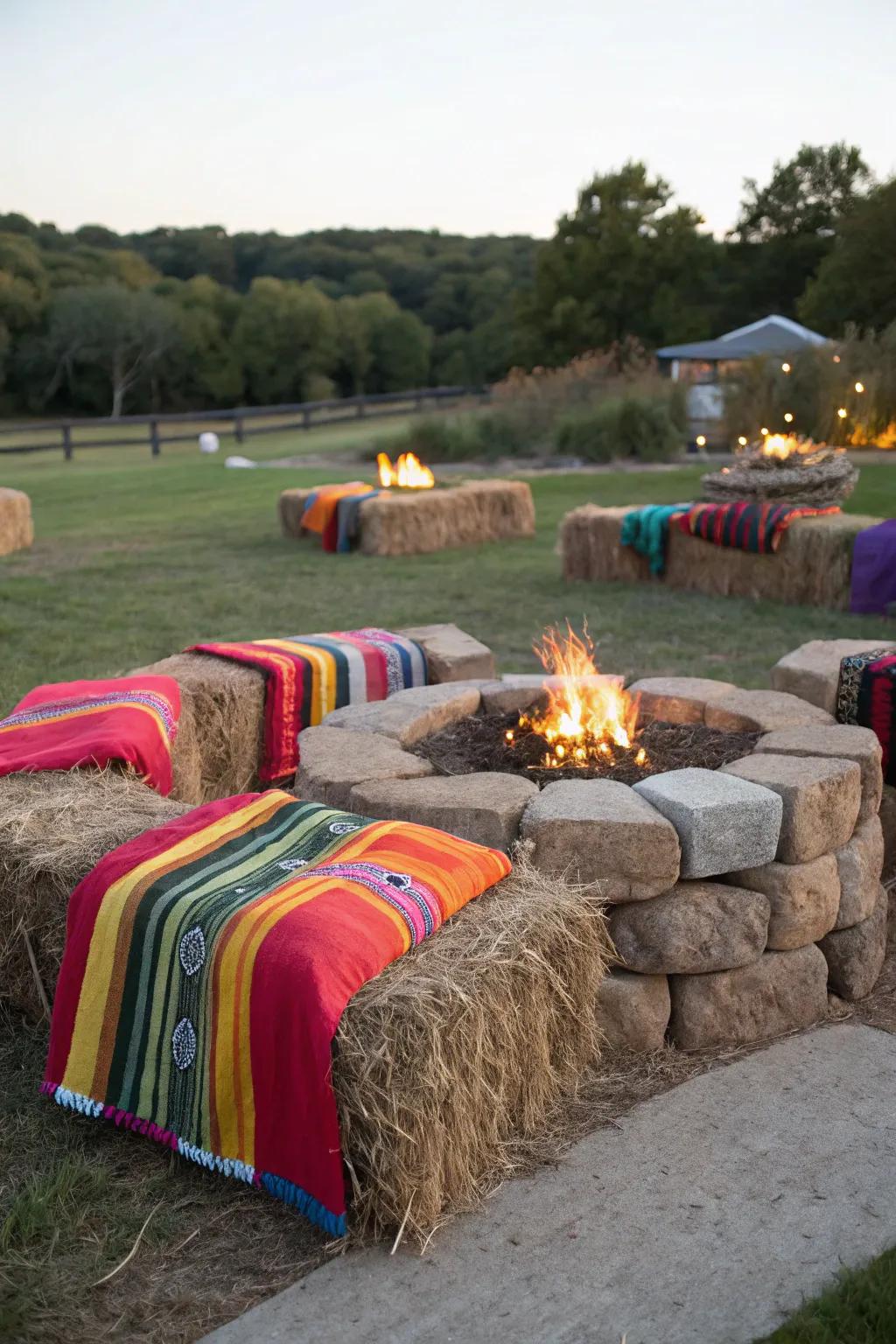 Hay bales draped with colorful blankets, arranged around a cozy fire pit.