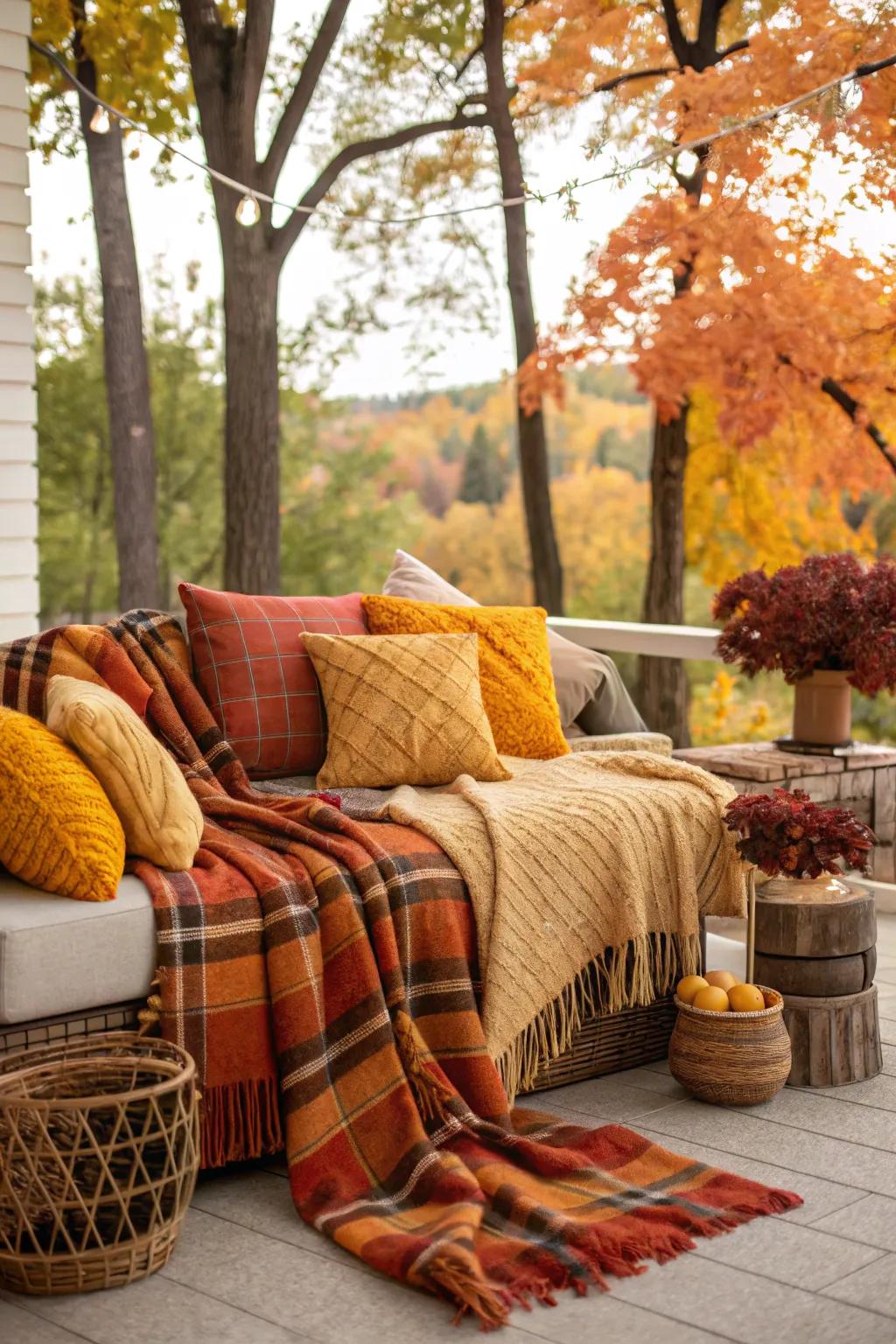 Outdoor seating area adorned with cozy blankets and cushions, perfect for a fall evening.